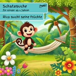 Produktbild - Titelbild der Schatzsuche "Rico und seine Freunde suchen die verlorenen Früchte" - für Kinder von 4 bis 6 Jahren - von hapfer.com